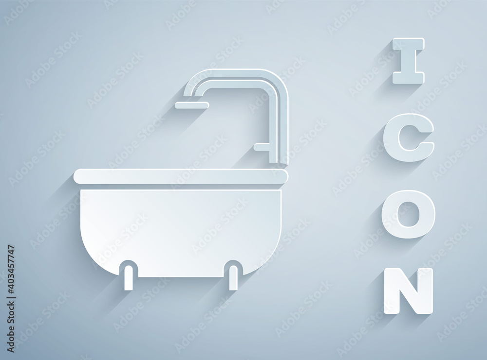 Paper cut Bathtub icon isolated on grey background. Paper art style. Vector. Paper cut Bathtub icon isolated on grey background. Paper art style. Vector.
