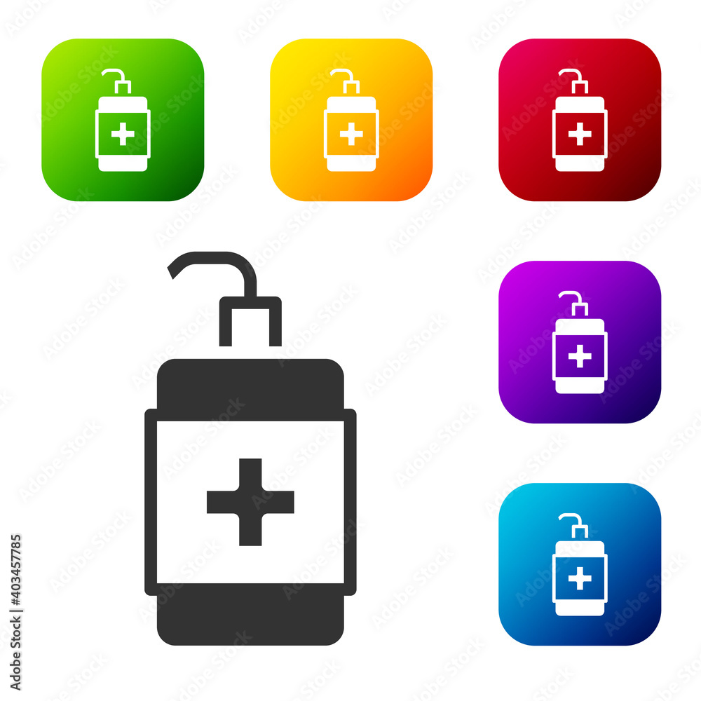 Black Hand sanitizer bottle icon isolated on white background. Disinfection concept. Washing gel. Alcohol bottle for hygiene. Set icons in color square buttons. Vector. Black Hand sanitizer bottle icon isolated on white background. Disinfection concept. Washing gel. Alcohol bottle for hygiene. Set icons in color square buttons. Vector.