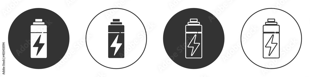 Black Battery icon isolated on white background. Lightning bolt symbol. Circle button. Vector. Black Battery icon isolated on white background. Lightning bolt symbol. Circle button. Vector.