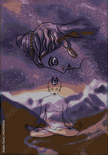Meditating naked girl in padmasana lotus pose on mountains and night sky background and God's face above her