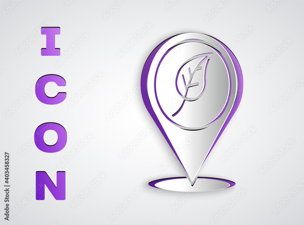 Paper cut Location with leaf icon isolated on grey background. Eco energy concept. Alternative energy concept. Paper art style. Vector. Paper cut Location with leaf icon isolated on grey background. Eco energy concept. Alternative energy concept. Paper art style. Vector.