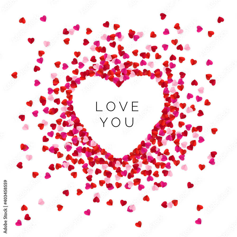 Heart shape lined with red color paper hearts. Happy Valentine`s Day greeting card background. Vector illustration