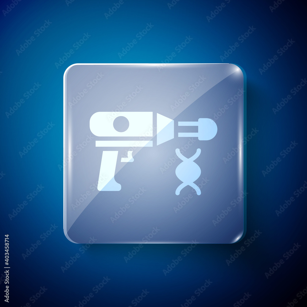 White Transfer liquid gun in biological laborator icon isolated on blue background. Square glass panels. Vector. White Transfer liquid gun in biological laborator icon isolated on blue background. Square glass panels. Vector.