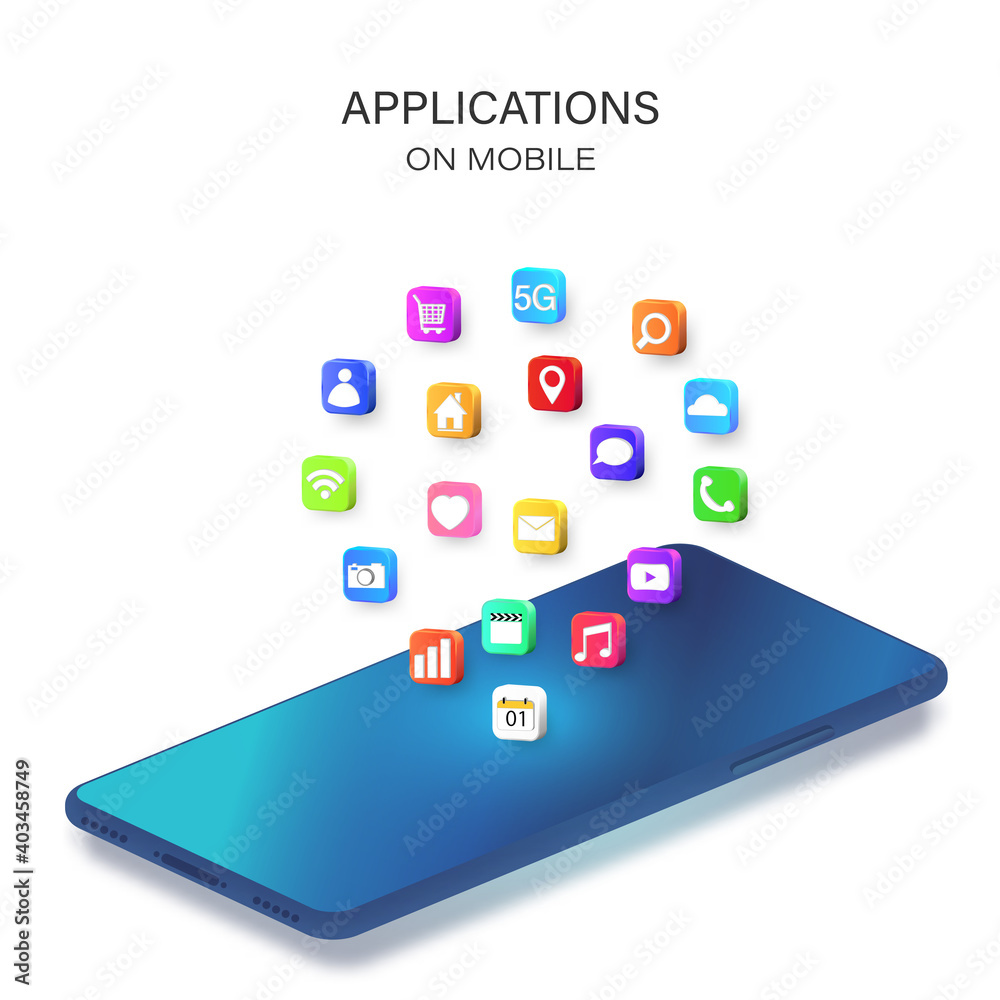 Mobile or smartphone with application icons isolated on white background as new technology concept. vector illustration..