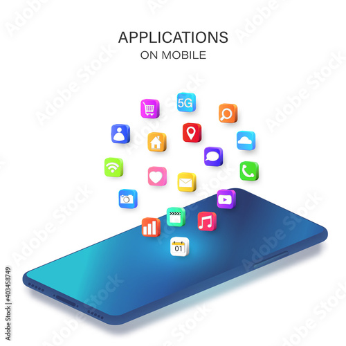 Mobile or smartphone with application icons isolated on white background as new technology concept. vector illustration..