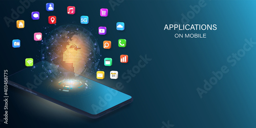 Applications on Mobile, smartphone with application icons isolated on global network background as new technology and communication concept. vector illustration.