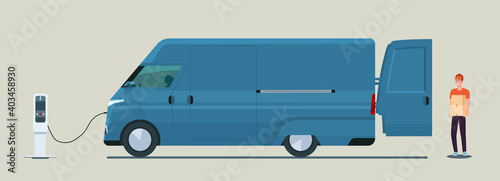 Man loads boxes in a electric cargo van. Vector flat style illustration.
