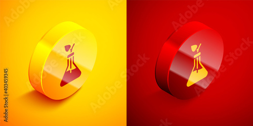 Isometric Plant breeding icon isolated on orange and red background. Plants growing in the test tubes. Organic food ,agriculture and hydroponic. Circle button. Vector.