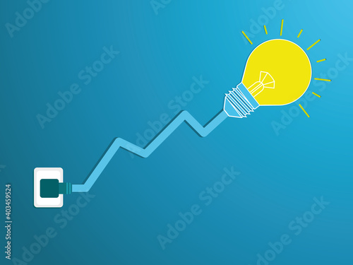 The bulb plugged into the socket is on, the light bulb cable is moving upwards with the financial lines. Blue background Light bulb icon vector. ideas symbol illustration.