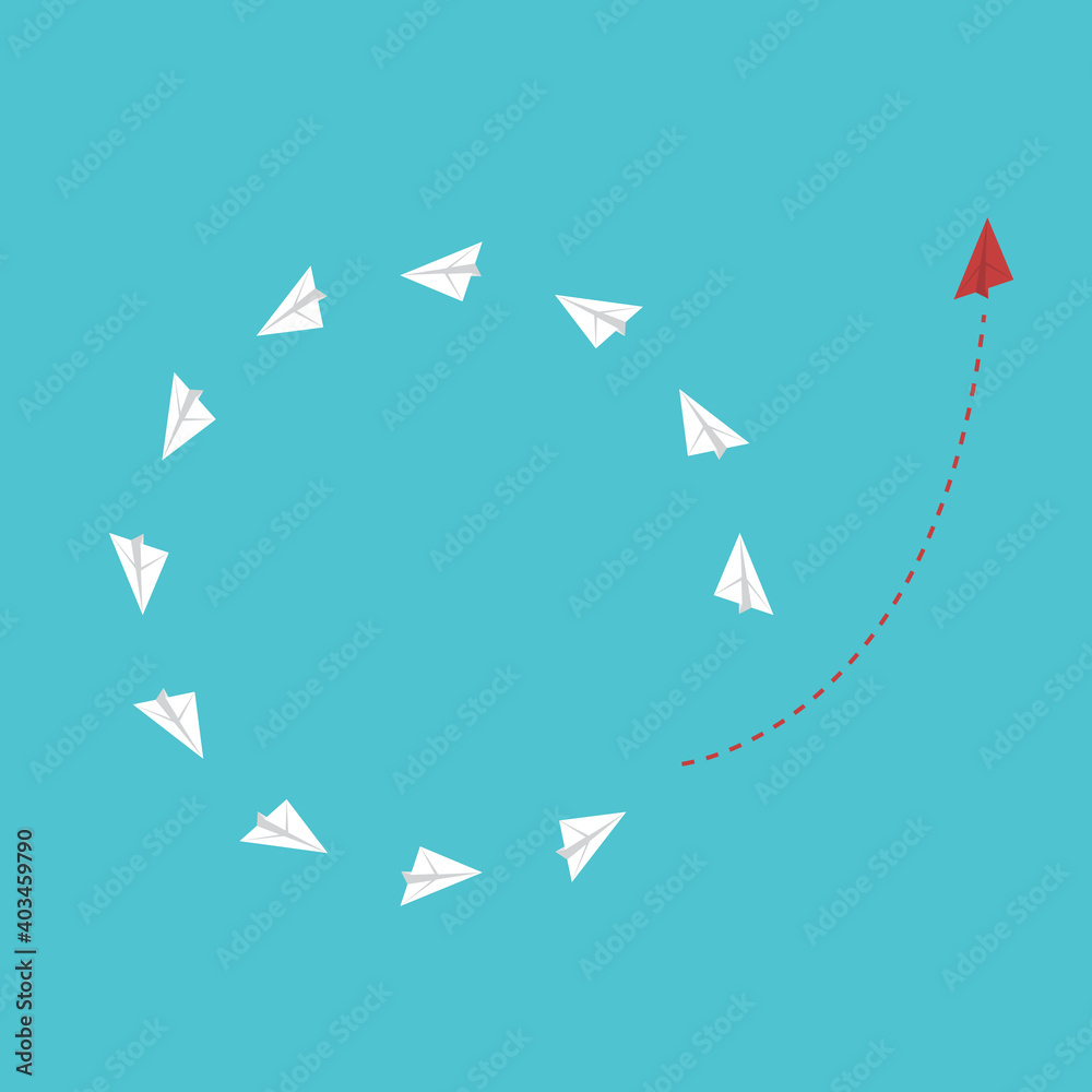 Think differently. Red airplane changing direction. New idea, change, trend, courage, creative solution, innovation and unique way concept. Think differently. Red airplane changing direction. New idea, change, trend, courage, creative solution, innovation and unique way concept.