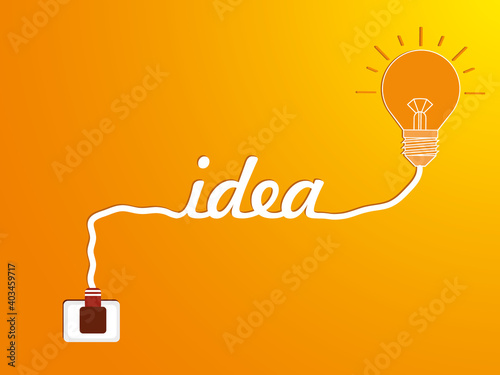 Writing idea made with electric cable. Idea text is plugged in and the bulb is on. Orange bulb icon vector. ideas symbol illustration.
