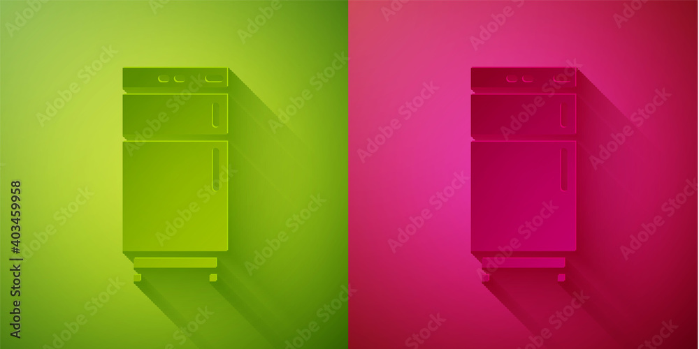 Paper cut Refrigerator icon isolated on green and pink background. Fridge freezer refrigerator. Household tech and appliances. Paper art style. Vector. Paper cut Refrigerator icon isolated on green and pink background. Fridge freezer refrigerator. Household tech and appliances. Paper art style. Vector.