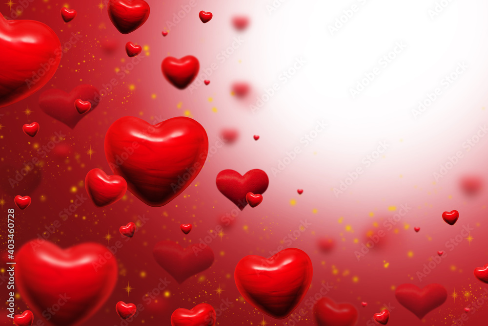 red hearts and golden dust abstract background for valentines day greeting card or festive wallpaper. Copy space for text. High quality photo collage, 3D illustration