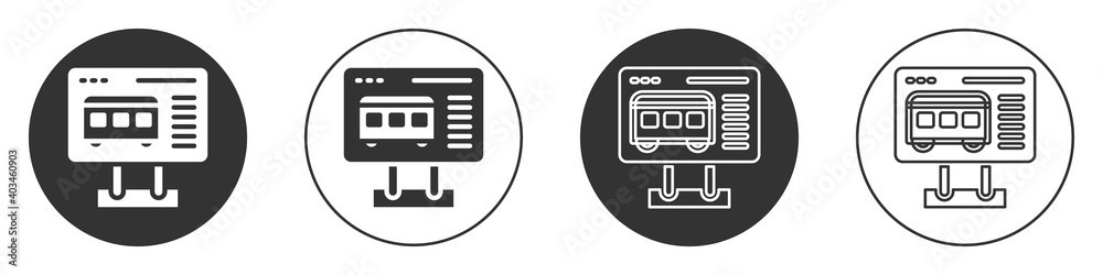 Black Ticket office to buy tickets for train or plane icon isolated on white background. Buying tickets. Ticket service. Circle button. Vector.
