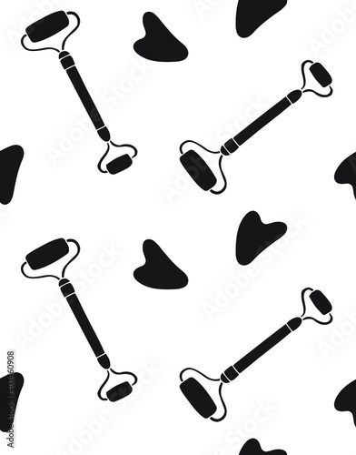 Vector seamless pattern of black hand drawn doodle sketch gua sha face massage roller isolated on white background