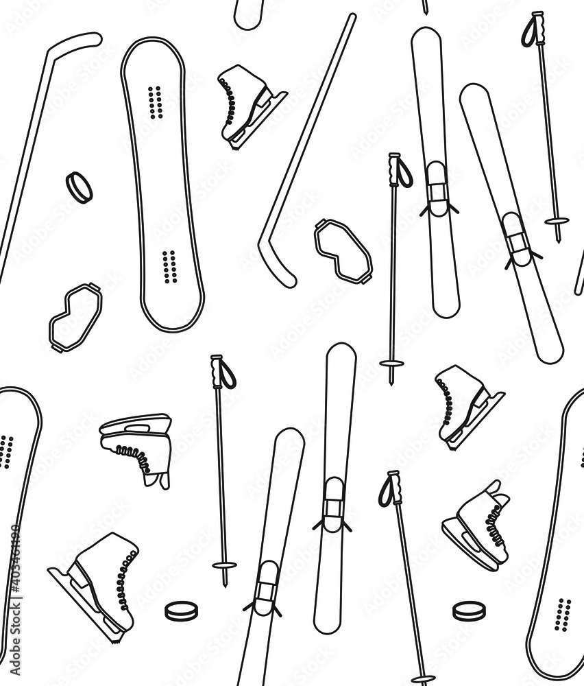 Vector seamless pattern of flat winter sport equipment isolated on white background
