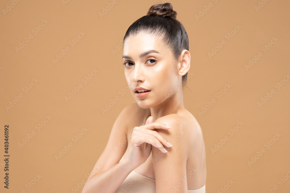 Beautiful Glamour woman touch shoulder smile with clean and fresh skin Happiness and cheerful with positive emotional,isolated on Beige background,Beauty Cosmetics and spa Facial treatment Concept Beautiful Glamour woman touch shoulder smile with clean and fresh skin Happiness and cheerful with positive emotional,isolated on Beige background,Beauty Cosmetics and spa Facial treatment Concept