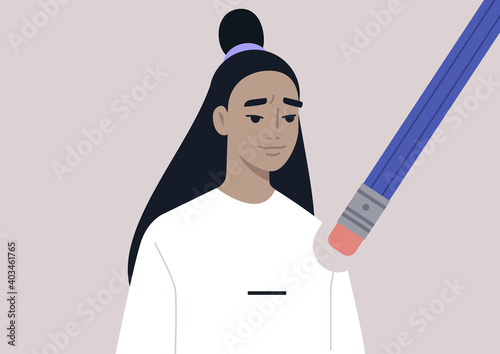The young female Asian character being erased by modern cancel culture, online social norms, the process of forgetting the ex-partner