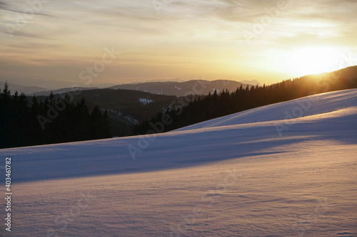 Snowy mountain with forest Austria