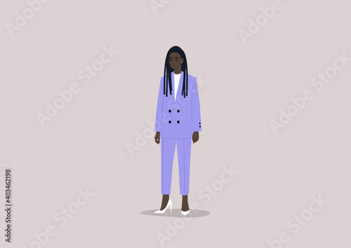 A female Black CEO of the company wearing a business suit with high heels, elegance at work
