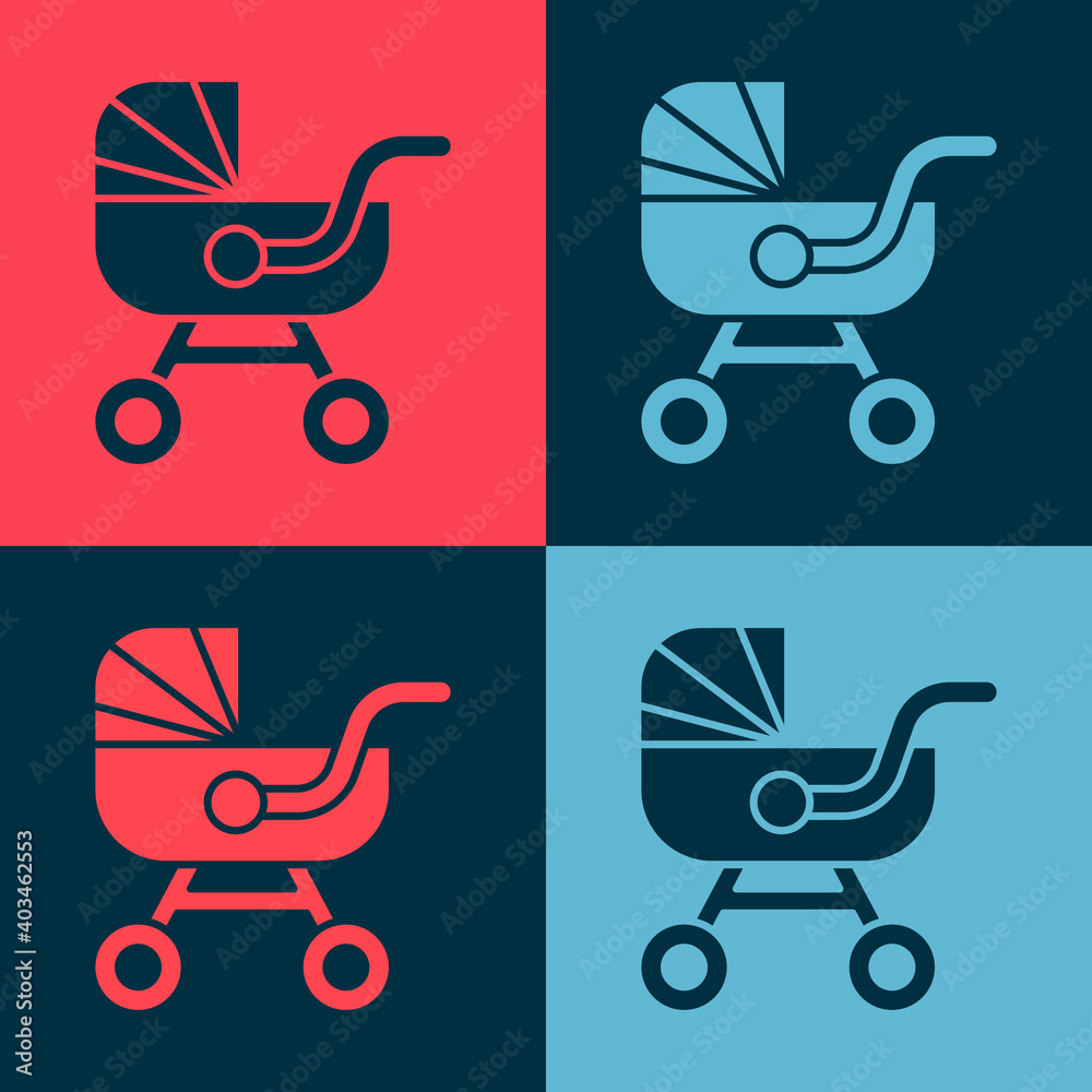 Pop art Baby stroller icon isolated on color background. Baby carriage, buggy, pram, stroller, wheel. Vector. Pop art Baby stroller icon isolated on color background. Baby carriage, buggy, pram, stroller, wheel. Vector.