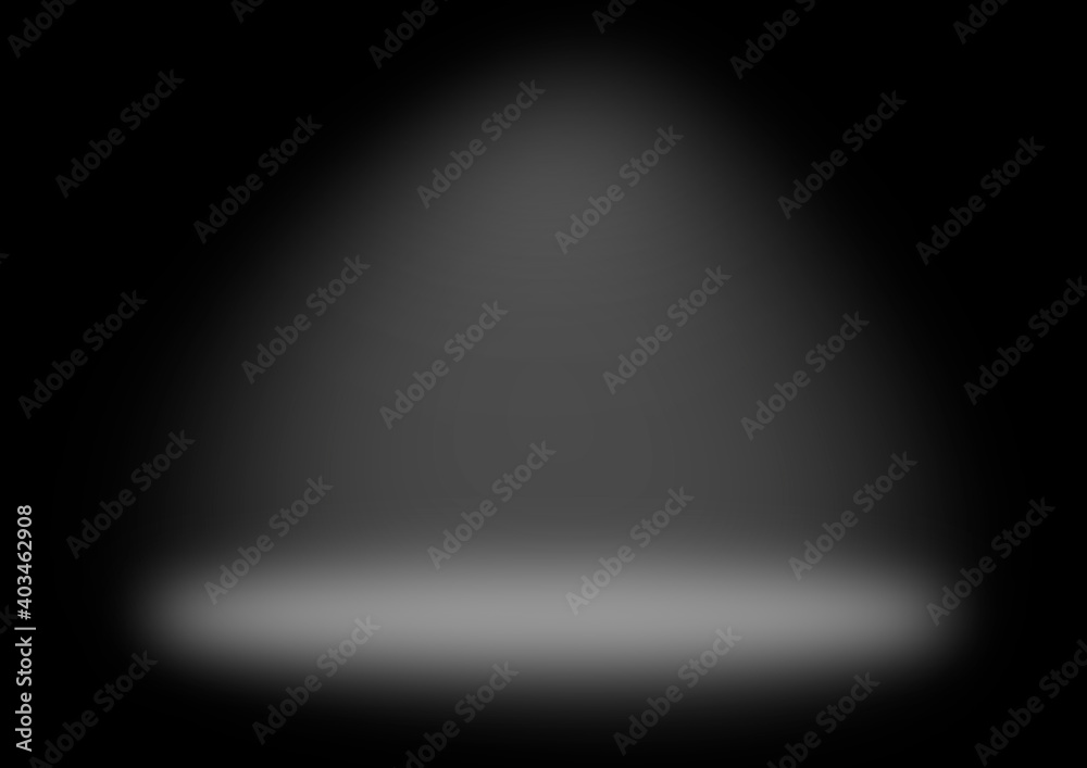 An empty dark room or stage with white spotlight on the floor and wall for product presentation backdrop