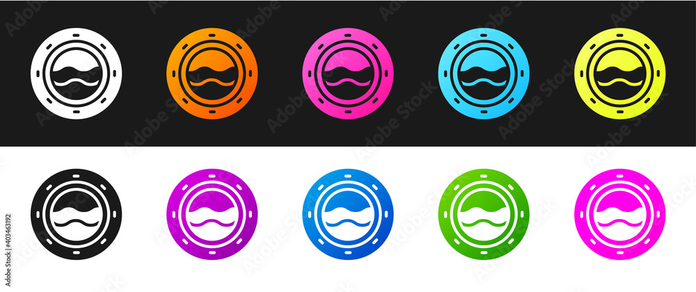 Set Ship porthole with rivets and seascape outside icon isolated on black and white background. Vector. Set Ship porthole with rivets and seascape outside icon isolated on black and white background. Vector.