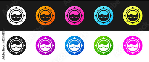 Set Ship porthole with rivets and seascape outside icon isolated on black and white background. Vector.