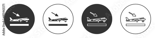 Black Plane landing icon isolated on white background. Airplane transport symbol. Circle button. Vector.