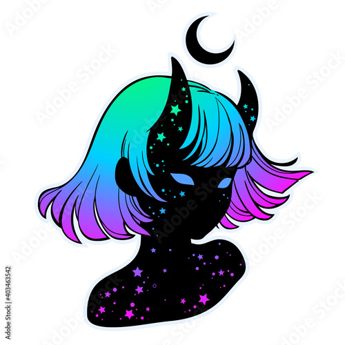 face of a girl with short hair and horns, with cosmic motives
