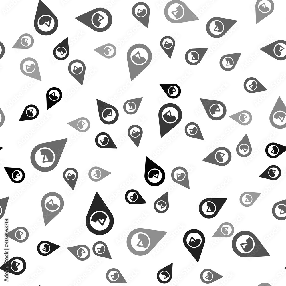 Black Map pointer with mountain icon isolated seamless pattern on white background. Mountains travel icon. Vector. Black Map pointer with mountain icon isolated seamless pattern on white background. Mountains travel icon. Vector.