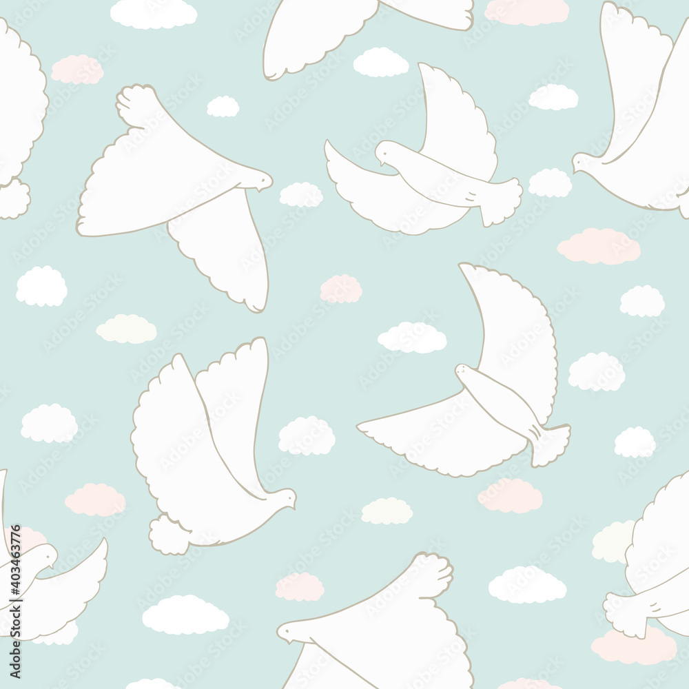 Seamless vector pattern with flying white birds on sky background. Pigeons in a blue sky with clouds. Suitable for decoration, holiday, design, celebration, wallpaper, fabric. Seamless vector pattern with flying white birds on sky background. Pigeons in a blue sky with clouds. Suitable for decoration, holiday, design, celebration, wallpaper, fabric.