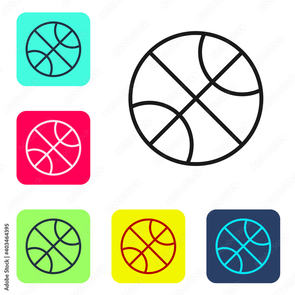 Black line Basketball ball icon isolated on white background. Sport symbol. Set icons in color square buttons. Vector Illustration.