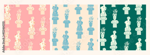 Antique marble statue of woman, column, branch, amphora. Mythical, ancient greek style. Hand drawn trendy Vector illustration. Set of three Square Seamless Patterns. Every pattern is isolated 