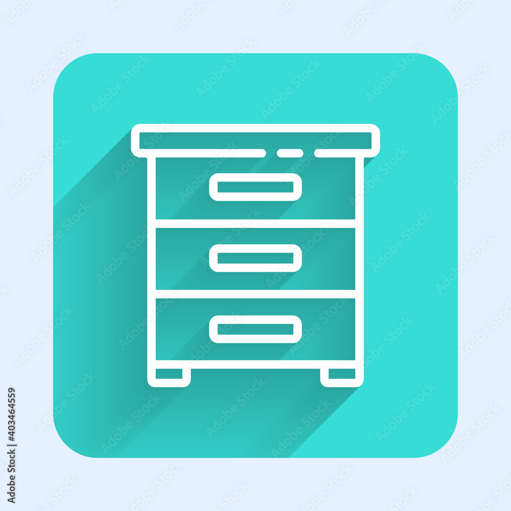 White line Drawer with documents icon isolated with long shadow. Archive papers drawer. File Cabinet Drawer. Office furniture. Green square button. Vector Illustration. White line Drawer with documents icon isolated with long shadow. Archive papers drawer. File Cabinet Drawer. Office furniture. Green square button. Vector Illustration.