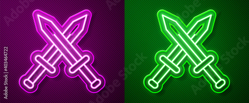 Glowing neon line Crossed medieval sword icon isolated on purple and green background. Medieval weapon. Vector.
