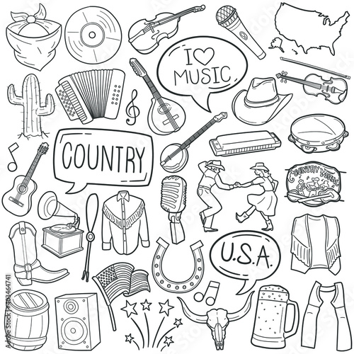 Country Music doodle icon set. American Traditional Folk Music Tools Vector illustration collection. United States Hand drawn Line art style.