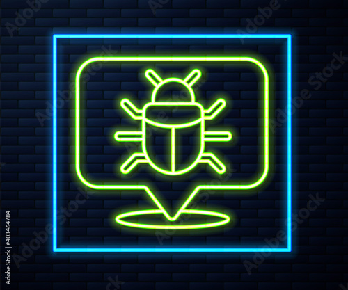 Glowing neon line System bug concept icon isolated on brick wall background. Code bug concept. Bug in the system. Bug searching. Vector.