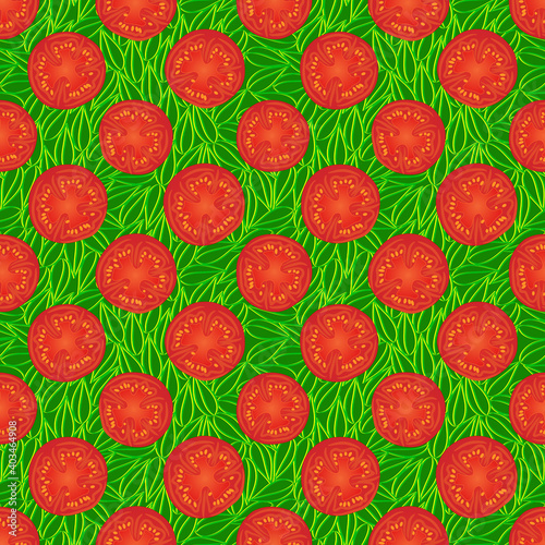 Seamless Vector Background pattern of sliced tomatoes on green leaves on square format suitable for wrapping paper, wallpaper, textile.