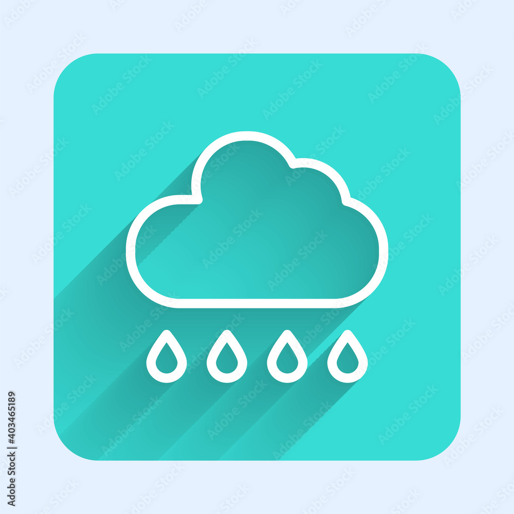 White line Cloud with rain icon isolated with long shadow. Rain cloud precipitation with rain drops. Green square button. Vector. White line Cloud with rain icon isolated with long shadow. Rain cloud precipitation with rain drops. Green square button. Vector.