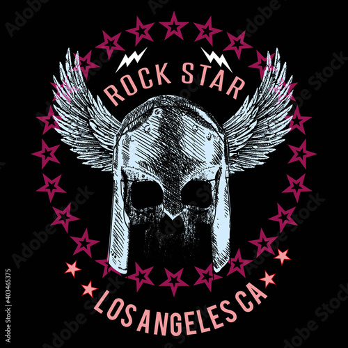 Vector design for t-shirt of a skull with winged helmet, with a circle of red stars and pink letters on a black background.