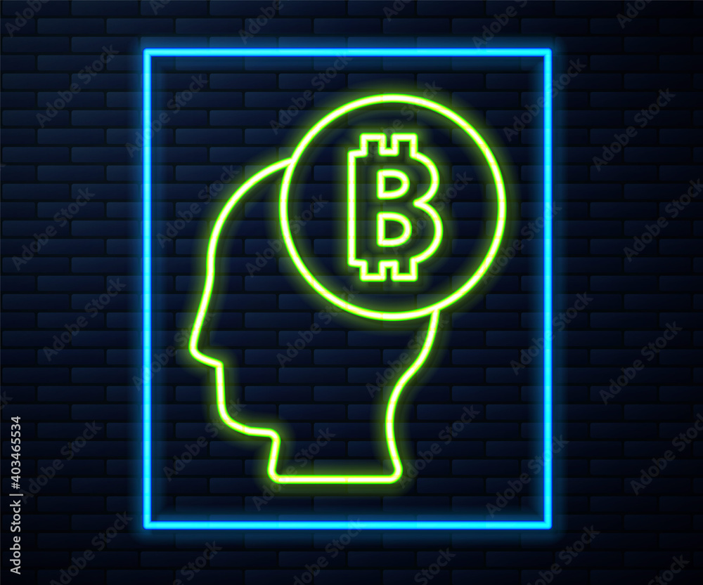 Glowing neon line Bitcoin think icon isolated on brick wall background. Cryptocurrency head. Blockchain technology, digital money market, cryptocoin wallet. Vector.