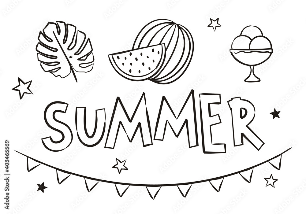 Ice cream, watermelon, jungle leaf. Summer coloring. Elements for seasonal calendar. Hand-drawn doodle objects isolated on white background. Vector illustration