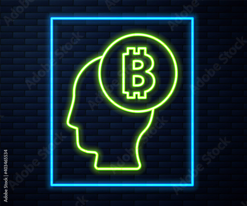 Glowing neon line Bitcoin think icon isolated on brick wall background. Cryptocurrency head. Blockchain technology, digital money market, cryptocoin wallet. Vector.