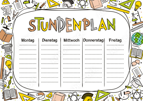 German Kids Template of a school schedule for 5 days of the week for students. Vector illustration in cartoon styles. Includes hand-drawn elements on a school theme. Translation: Timetable