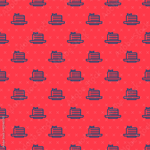 Blue line Medovik icon isolated seamless pattern on red background. Honey layered cake or russian cake Medovik on plate. Vector.