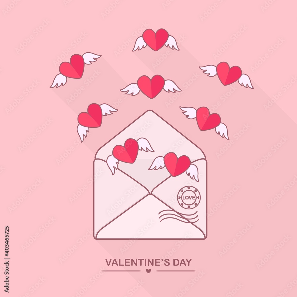 Envelope with love message, open letter with flying hearts. Happy valentines day