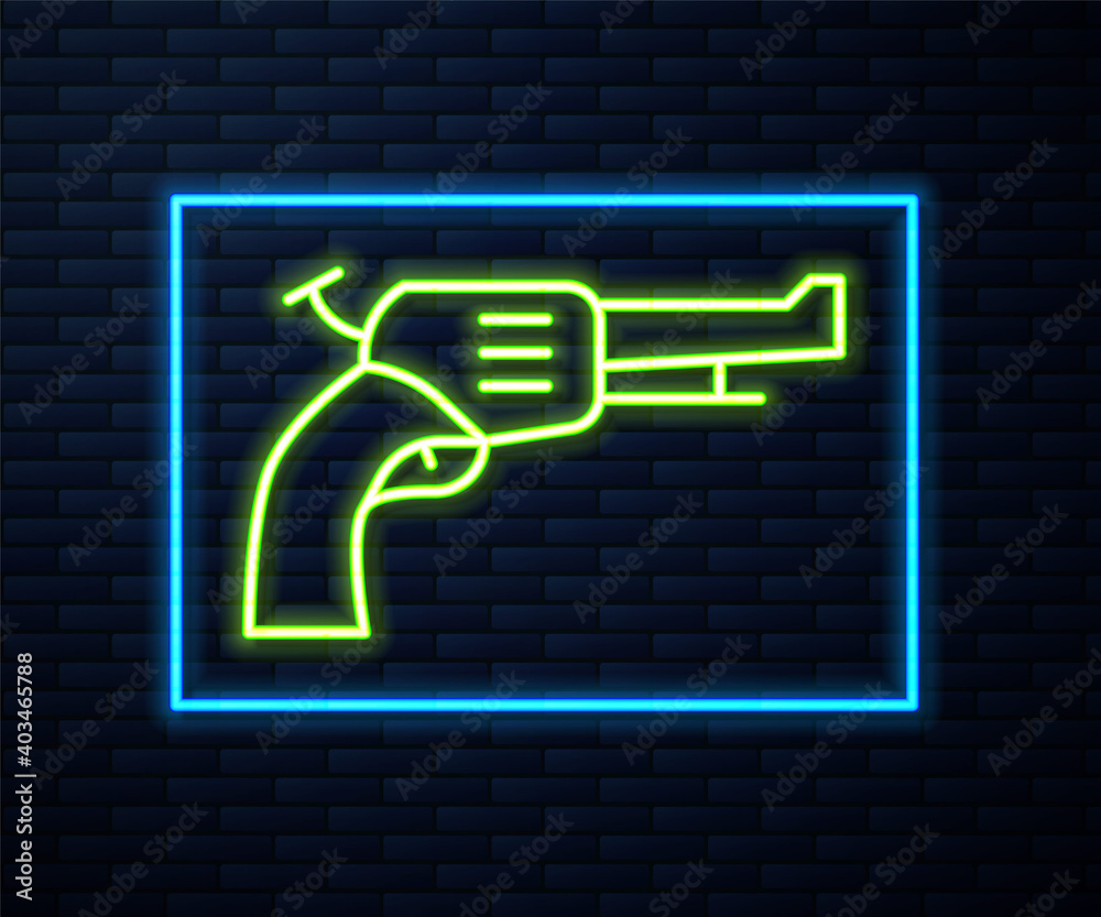 Glowing neon line Revolver gun icon isolated on brick wall background. Vector. Glowing neon line Revolver gun icon isolated on brick wall background. Vector.