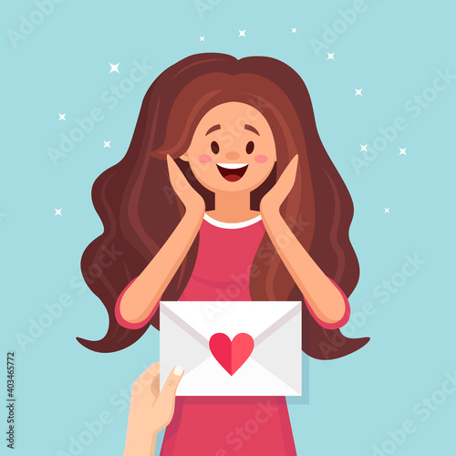 Surprised girl received love letter, message in envelope with red heart. Happy valentines day. Vector illustration