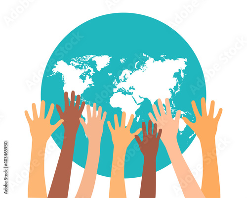 Planet earth and hand, multicolored design of peace and unity. Vector illustration